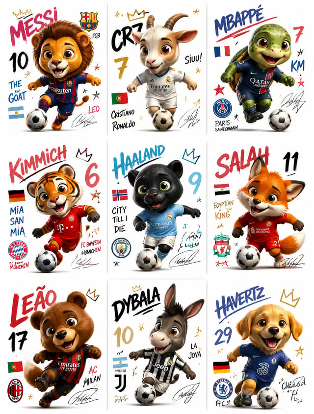 Create a collection of 9 square poster illustrations featurin animals football players in a cute chi