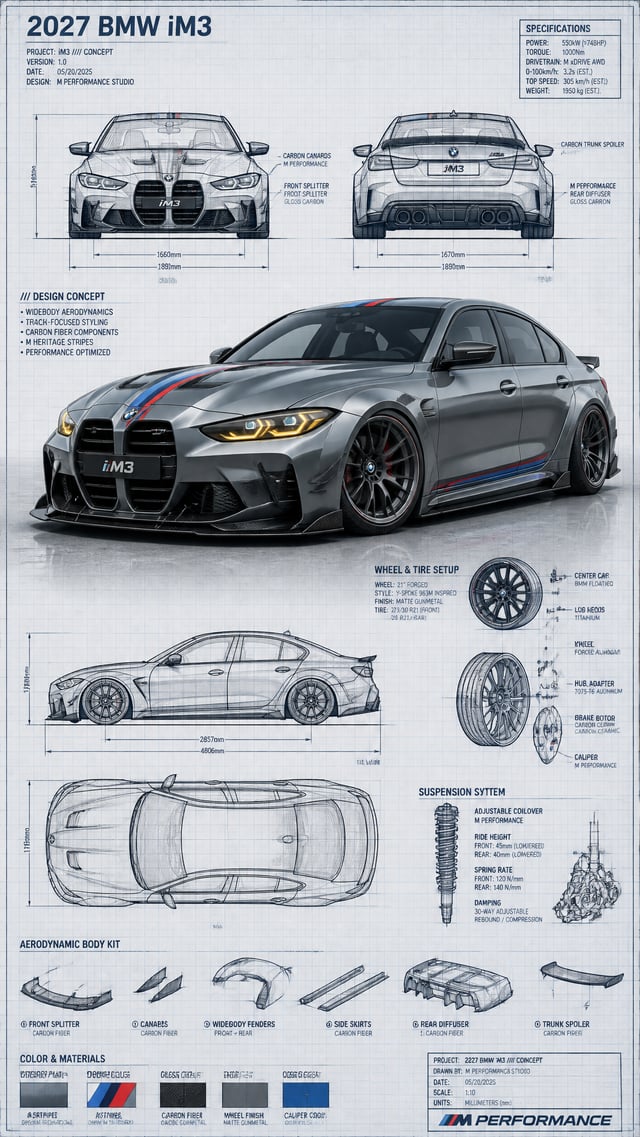 Highly detailed technical blueprint sketch and realistic 3D–render fusion of a custom modified car 2