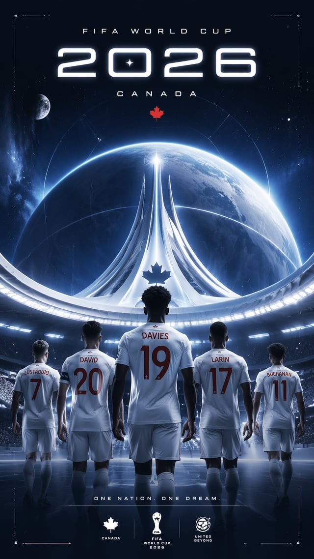 Starfield StyleVertical 9:16 poster of World Cup 2026, Canada national team in ultra-modern cosmic s