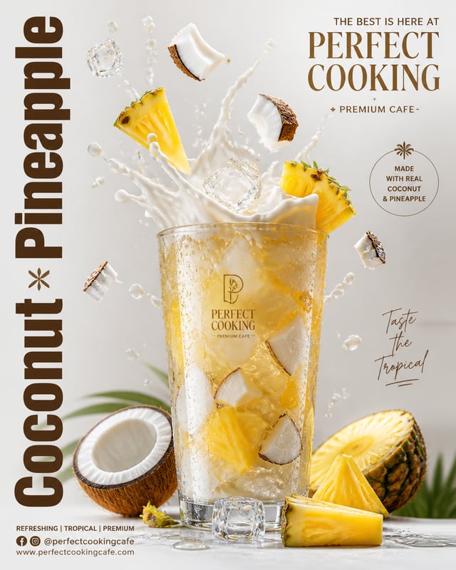 Ultra-realistic premium Coconut + Pineapple advertisement poster design, luxury modern café branding