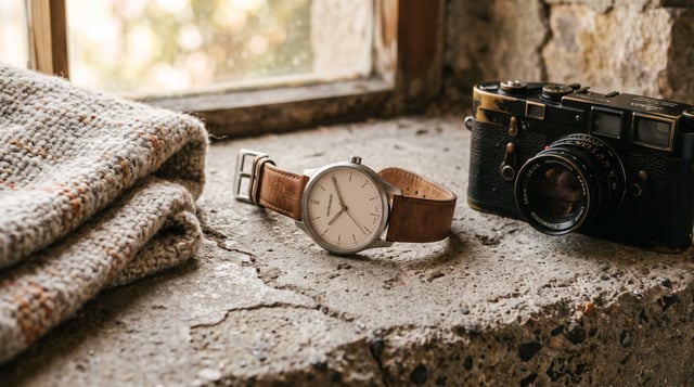 editorial shot of a minimalist wristwatch with a leather strap, placed on weathered concrete, surrou