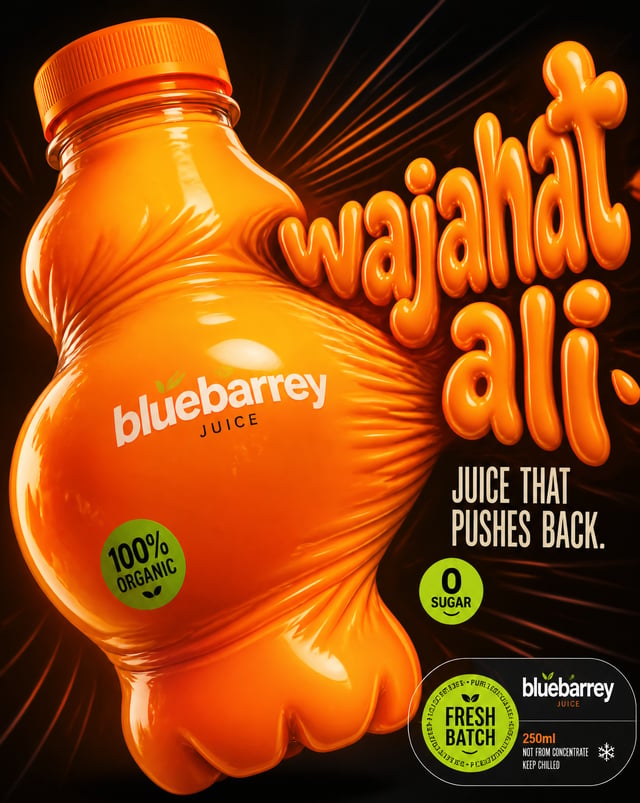 Design a '4:5' product poster for an 'bluebarrey' juice 3d bottle using playful inflatable-plastic p