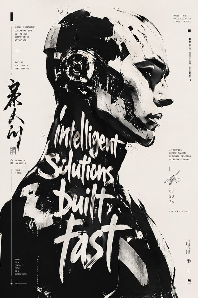 High-contrast black and white typographic portrait poster of [Humanoid male robot], shown in side pr