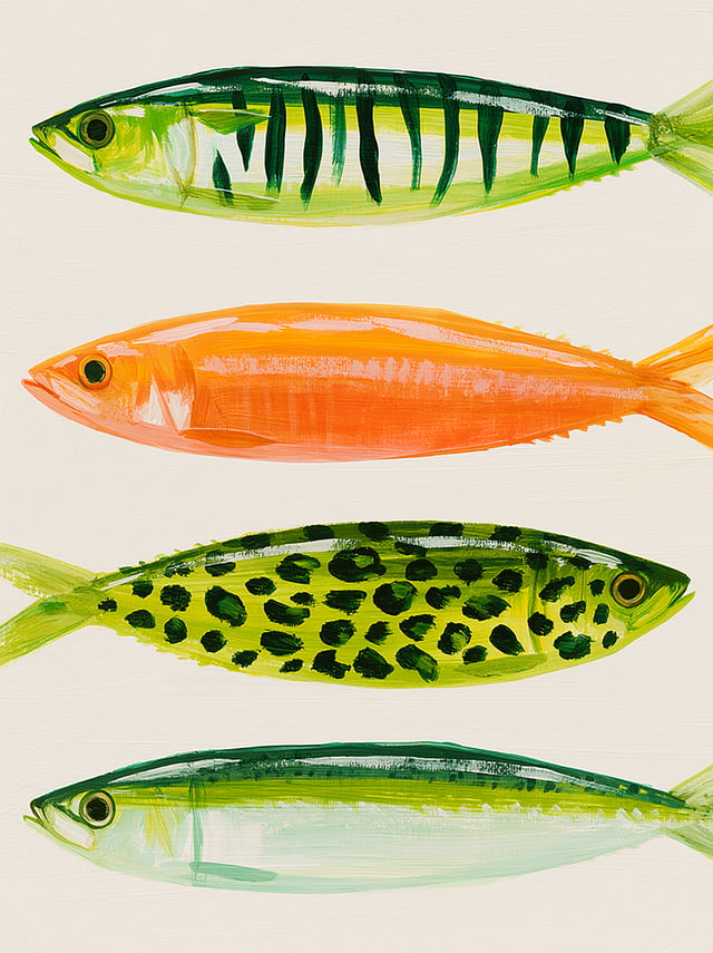 Minimalist vector of three different sardines: one with zebra stripes and the other two in the style