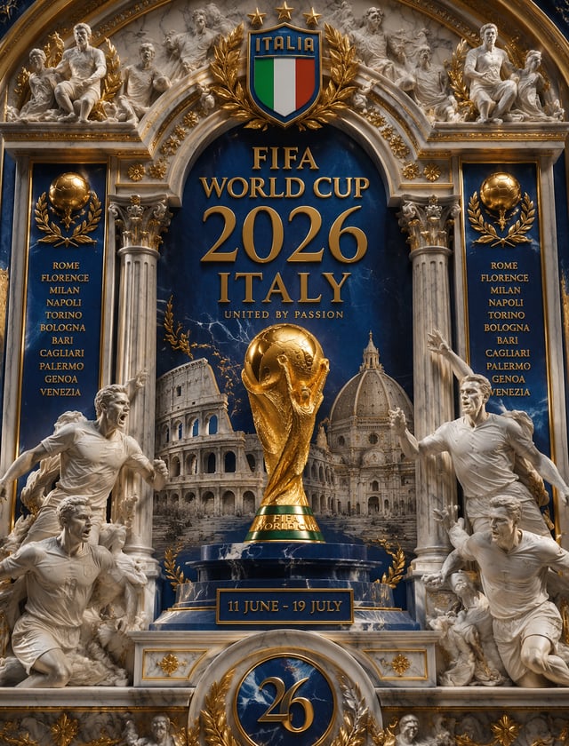 Ultra-detailed 3D baroque poster, Italy World Cup 2026, FIFA trophy centered in marble-gold frame, d