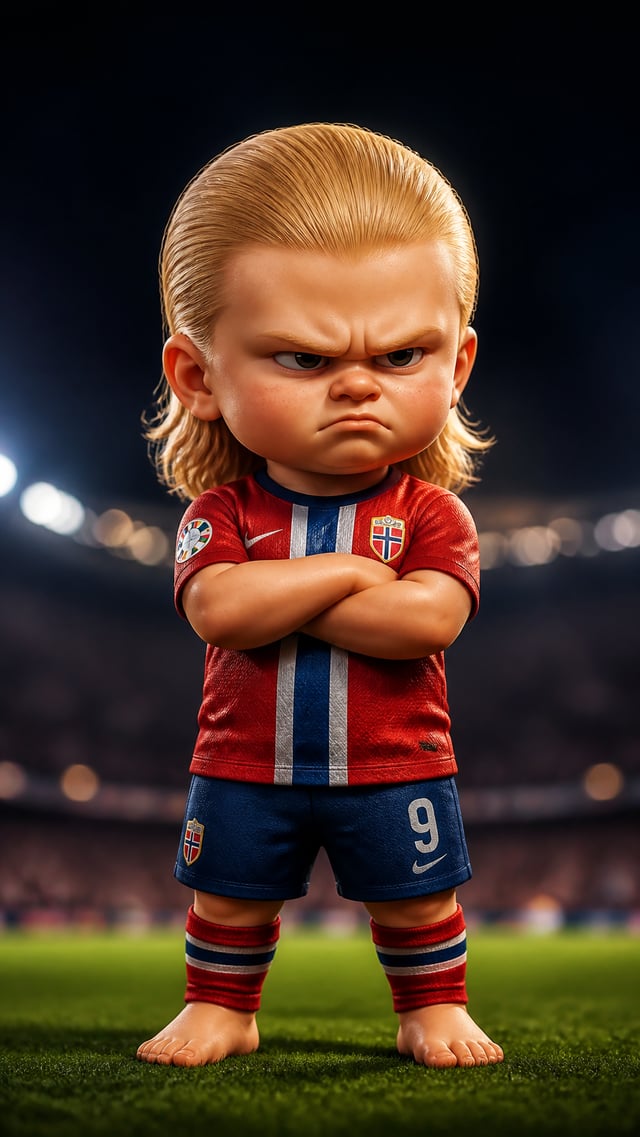 Vertical 3D toy figurine, chibi Erling Haaland, short chubby toddler body, blonde mullet hairstyle, 