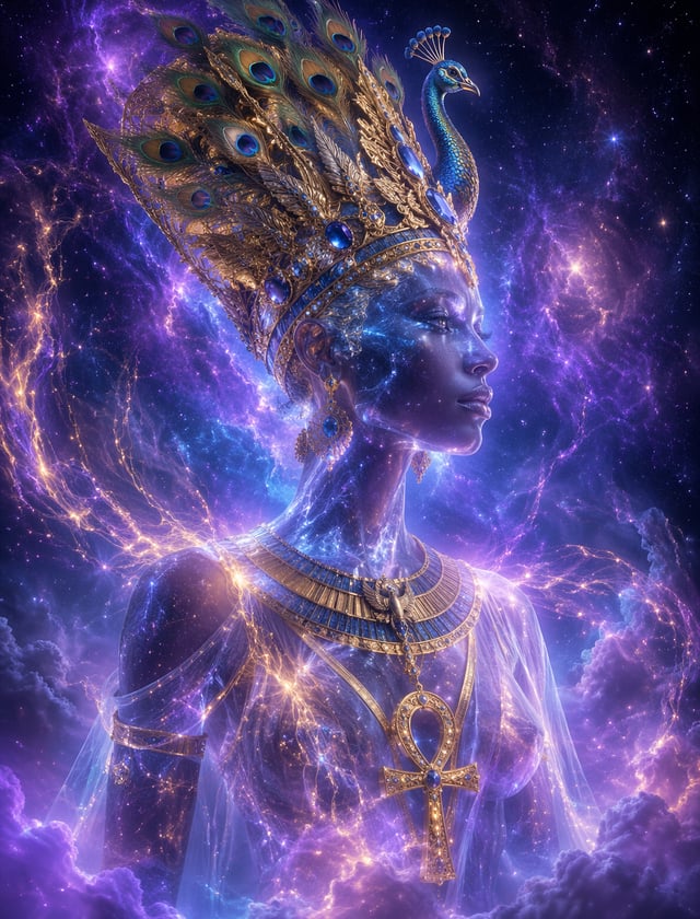 A semi-transparent 3D digital style of Nefertiti, composed of nebula and rotating stars, wearing an 