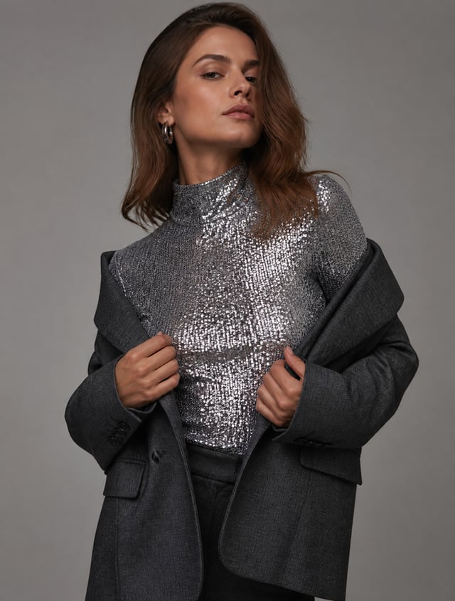 A high-fashion editorial medium shot of an elegant woman sliding a sharp, charcoal-grey tailored bla