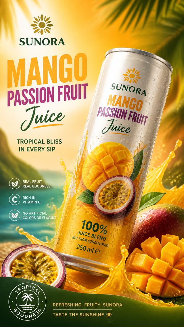 Create a vibrant tropical vertical 9:16 product advertising poster for Sunora Mango Passion Fruit Ju