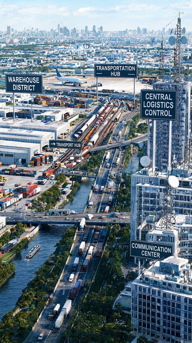 Large realistic city showing constant logistics operations between specialized districts, transporta