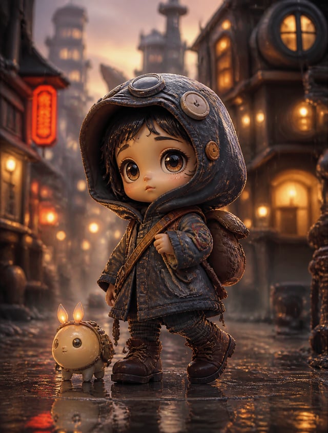 adorable tiny child adventurer in a whimsical fantasy world, big head small body proportions, huge e