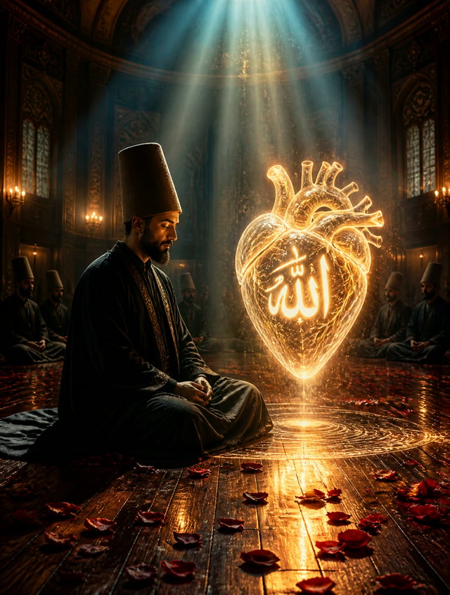 "A mystical Sufi dervish wearing a traditional tall felt hat (Sikke) and dark flowing robe sits in s
