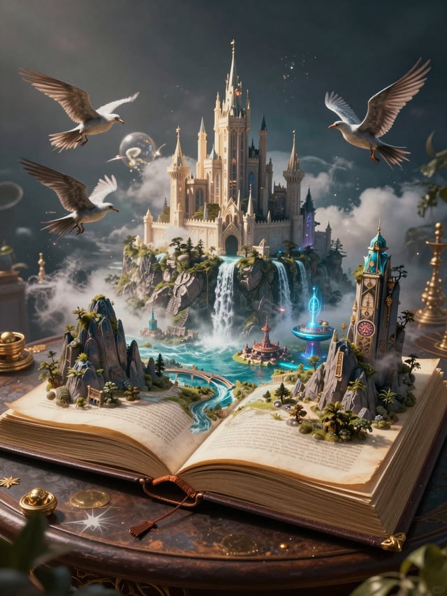 Book of WorldsAn ancient giant book opened on a table, each page transforms into a living world with