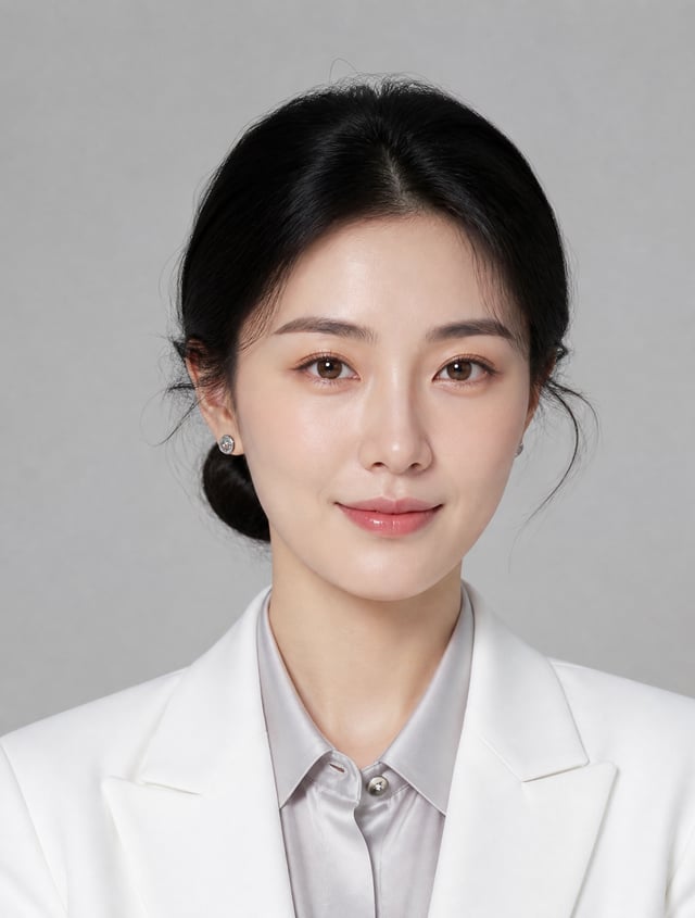 人物肖像照，正面，28岁东亚年轻女生，28岁亚洲女性职业肖像，乌黑低丸子头，佩戴简约白金耳钉（直径8mm）。五官特征：粉雾眉（#5A4A42渐变），杏仁眼带珠光浅棕眼影（Pantone 16-1225