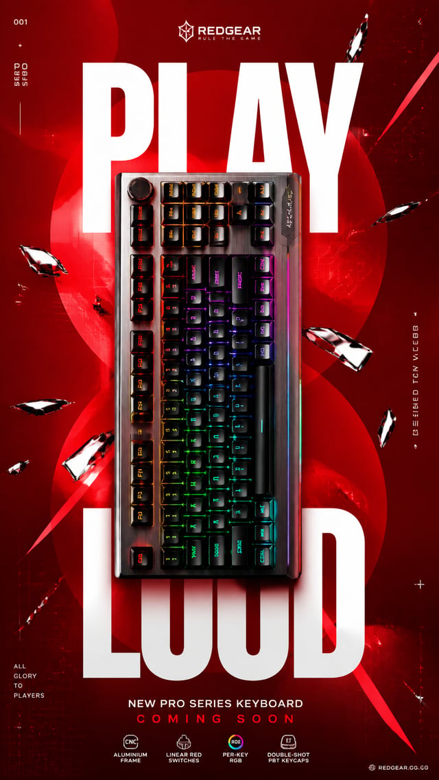 A premium commercial advertising poster for a luxury gaming keyboard launch.Central Subject:A single