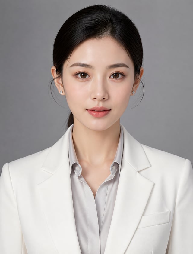 人物肖像照，正面，28岁东亚年轻女生，28岁亚洲女性职业肖像，乌黑低丸子头，佩戴简约白金耳钉（直径8mm）。五官特征：粉雾眉（#5A4A42渐变），杏仁眼带珠光浅棕眼影（Pantone 16-1225