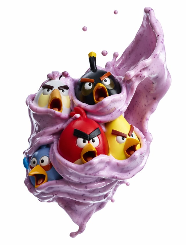 A high-speed studio photograph of a cluster of "angry birds"  suspended midair, softly wrapped by a 
