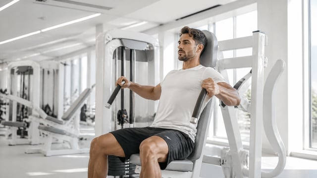 Ultra-realistic athletic man using a premium gym machine, positioned slightly right of center, natur
