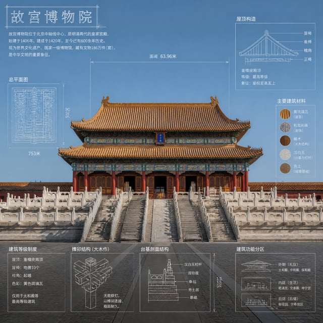 提示词：[故宫博物院]的高级技术信息图。在一张专业且逼真的新照片中重新诠释主题，照片干净明亮，背景更合适且更具美感。保持物品作为真实照片，而非插图。添加一个技术蓝图风格的叠加图，包含白线、箭头、尺寸、