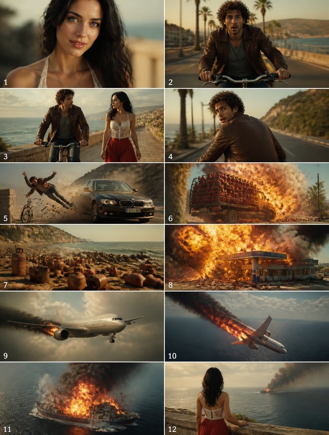 Cinematic action-drama storyboard sequence, photorealistic, anamorphic 2.39:1, shot on RED camera wi