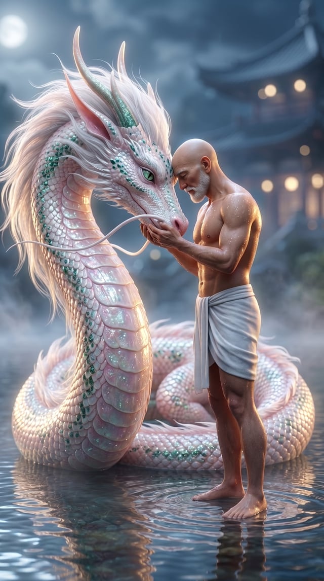 A cinematic medium shot featuring a Elegant Eastern wish dragon. The dragon has intricate, glistenin