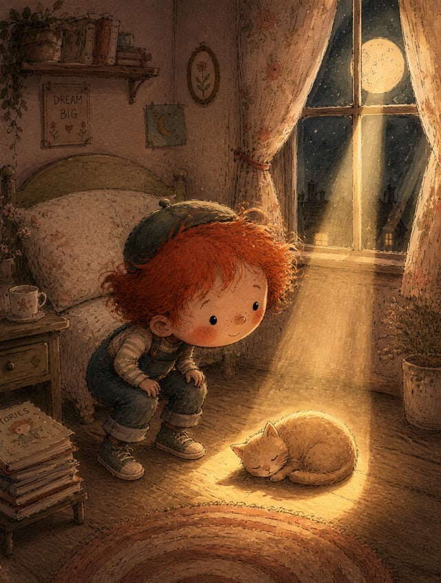 A young boy with wild red hair, freckles, rosy round cheeks, wearing denim overalls and a small cap,