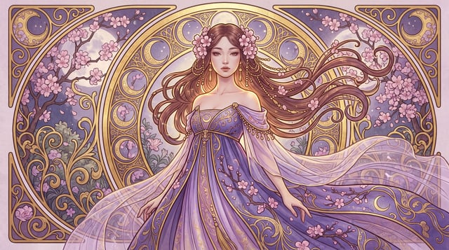 horizontal format; an exquisitely ornate Art Nouveau-style poster featuring a full-body portrait of 
