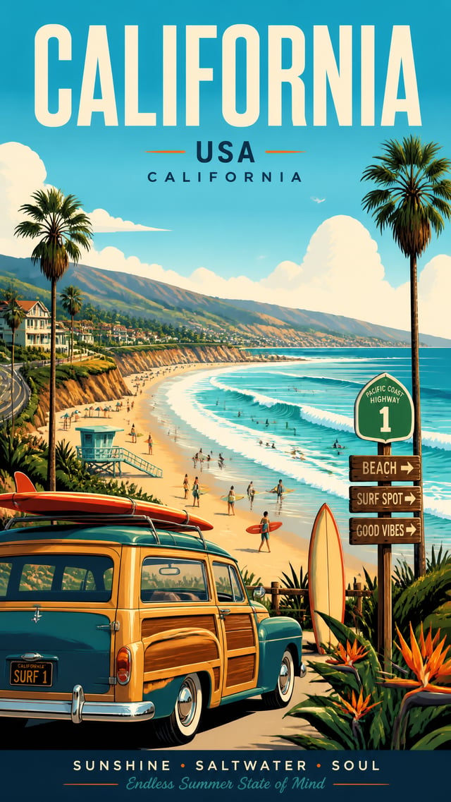 Create an ultra-high-resolution art travel poster of CALIFORNIA, portraying the beach as a stylish.