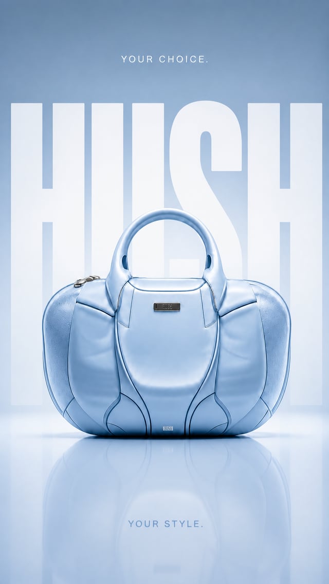 Ultra-luxury fashion advertising poster, vertical 9:16 composition, premium baby blue designer handb
