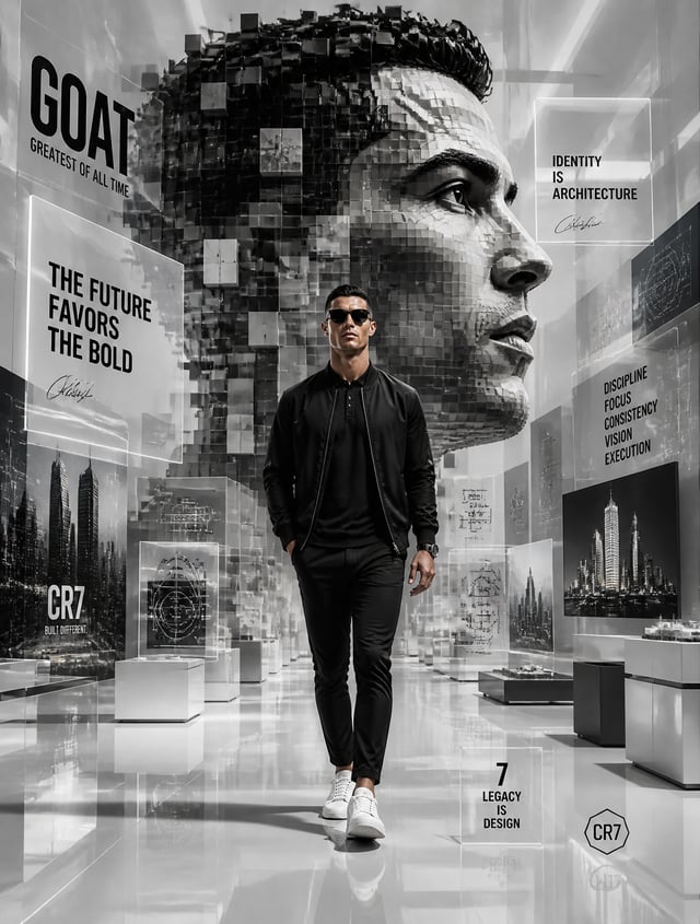 A futuristic monochrome motivational digital artwork featuring a man resembling Christiano Ronaldo w