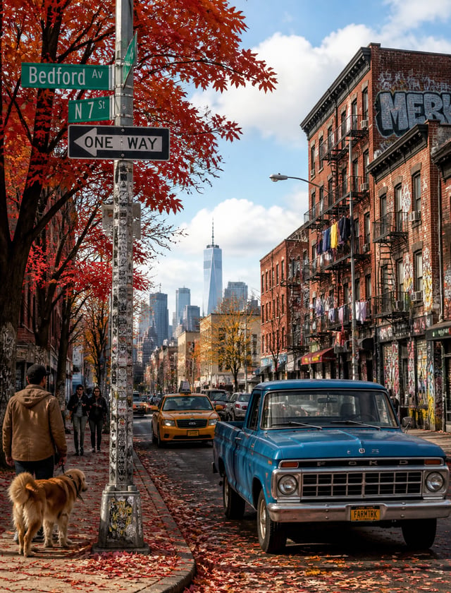 Horizontal city street photography, Brooklyn New York street scene, autumn bright red maple trees fu