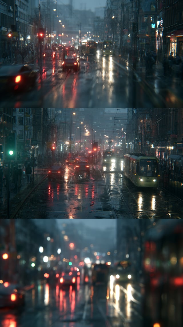 Short vertical video clip of a realistic city suddenly experiencing confusion during morning rush ho