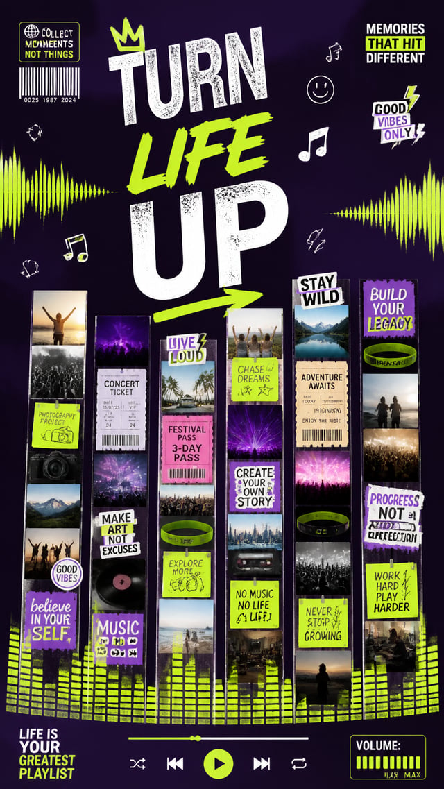 A premium 9:16 youth-culture advertising poster.Main Subject:A giant realistic music equalizer displ
