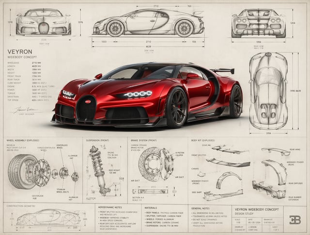 A professional automotive concept design board featuring a Bugatti Veyron Chrome Red transformed int
