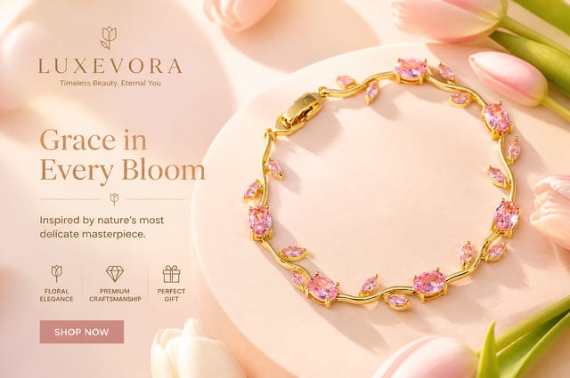 Luxury tulip bracelet advertisement, delicate tulip-inspired bracelet placed on a soft pastel pink a