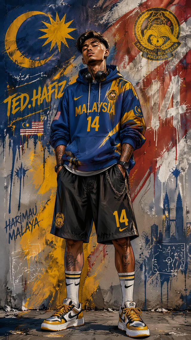 ted.hafiz, a Malaysian national team-themed trend football poster, standing in a full-body posture, 