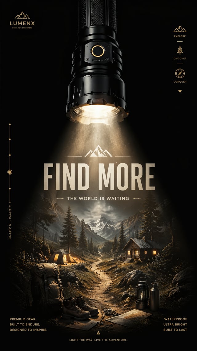 A premium 9:16 outdoor gear advertising poster.Main Subject: