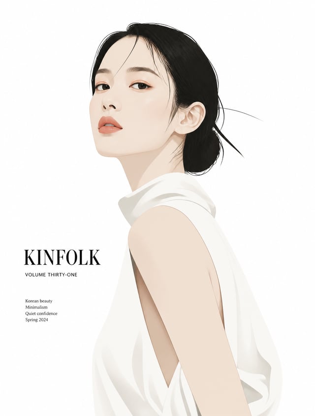 韩国美女 的高级杂志风格插画，细节极简，概念性视觉叙事，杂志级品质，干净的矢量渲染，大量留白，纯白背景