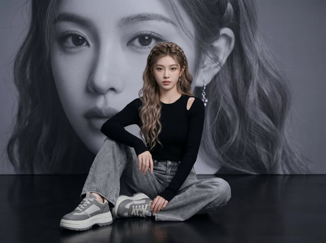 Create a cinematic 16:9 editorial fashion portrait of a beautiful young Asian woman seated elegantly