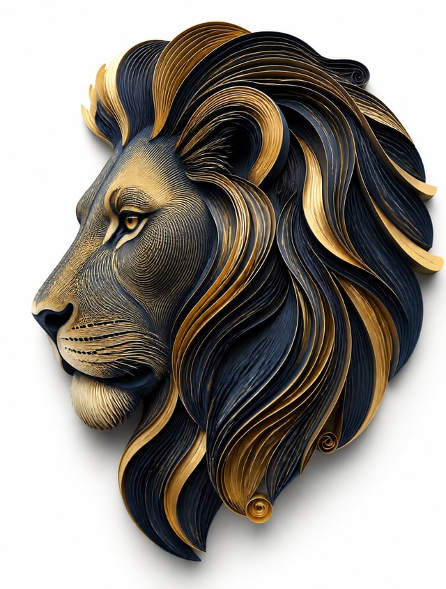A stylized, three-dimensional profile relief of a lion’s head emerges from a stark white background,