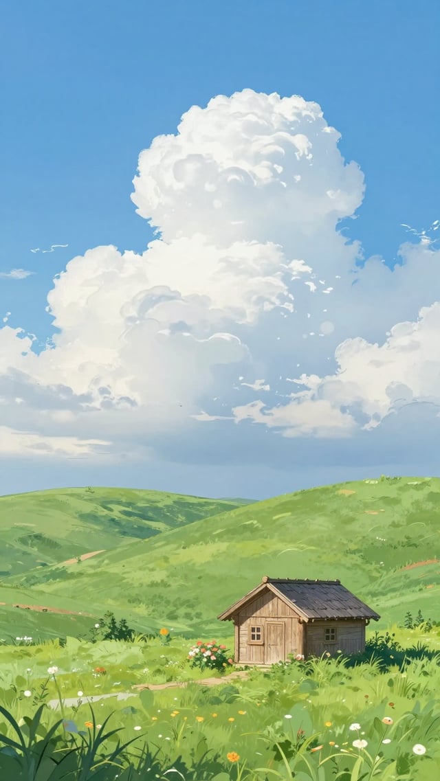 A lush, rolling green hill under a vast blue sky with fluffy, towering cumulus clouds. A small woode