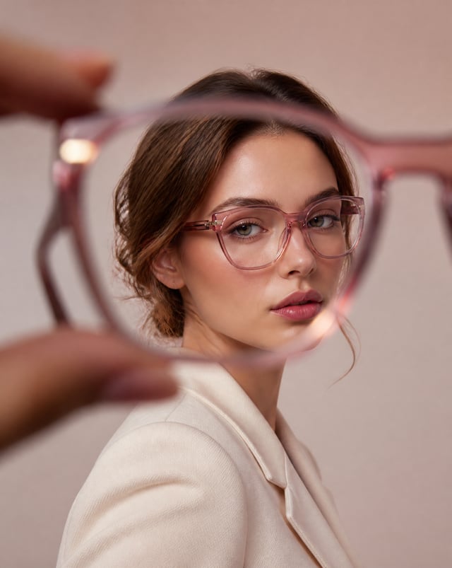 Create a luxury editorial eyewear portrait featuring the reference eyeglasses. Use a creative forced