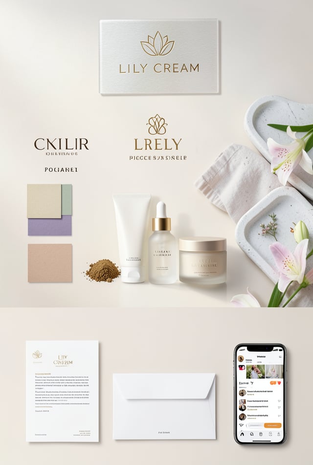 Create a high-end luxury brand identity presentation for an original skincare brand named “LILY CREA