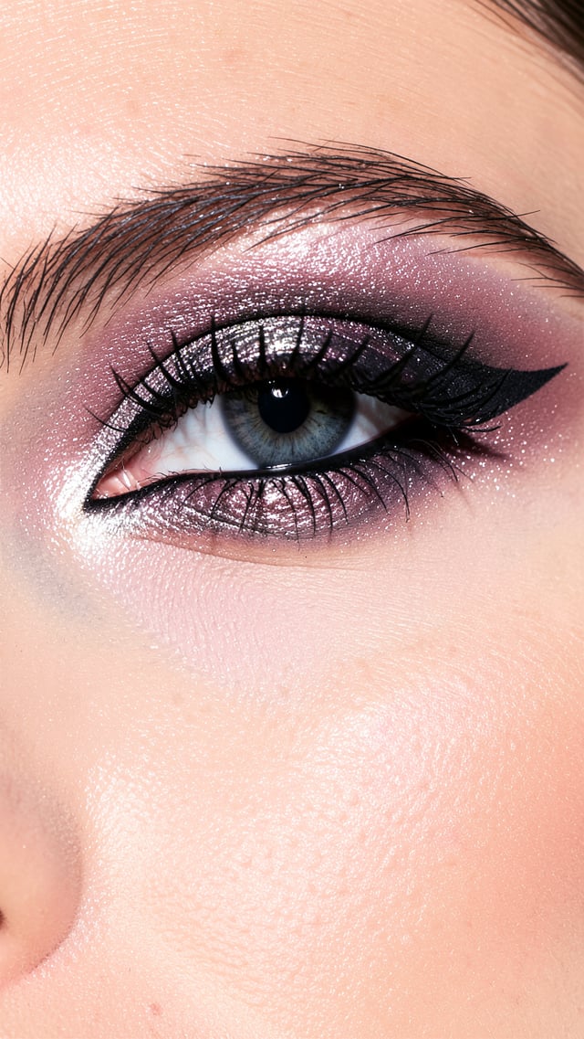 Close-up of artistic eye makeup, bold metallic eyeshadow blend, long lashes, dramatic eyeliner, hype