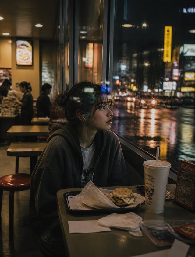 A young woman sitting alone inside a fast-food restaurant fifteen minutes before closing time.Most t