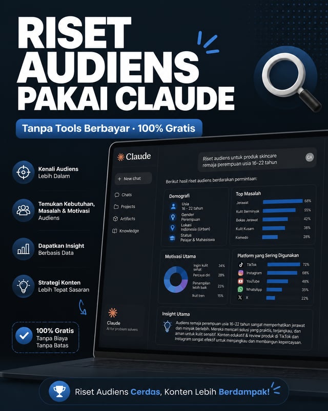 Modern clean educational graphic. Large bold text "RISET AUDIENS PAKAI CLAUDE" in white on dark blue