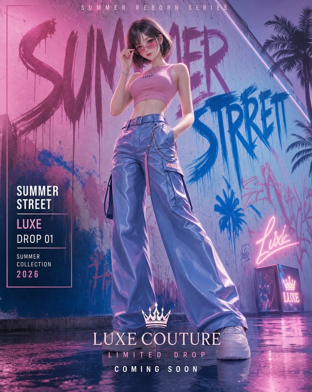 Create a vertical 4:5 high-end street fashion poster in a summer luxury aesthetic, blending anime-re