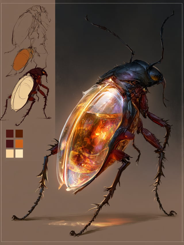 This image is a digital concept art. The composition is divided into two sections.On the left, three