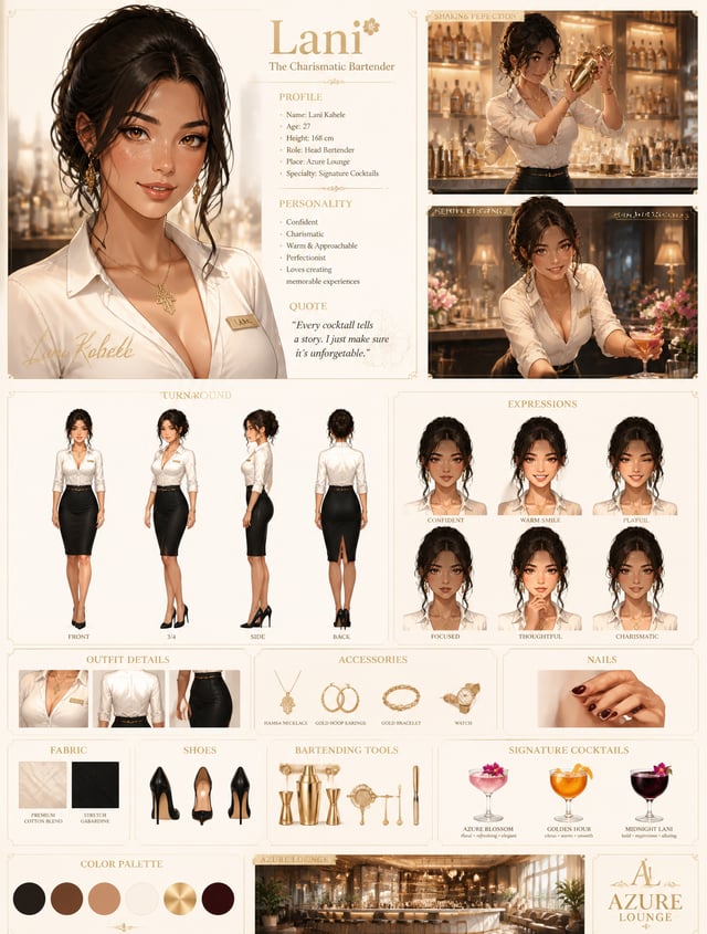 Create a premium anime-style character sheet of a classy, charismatic, beautiful female bartender na