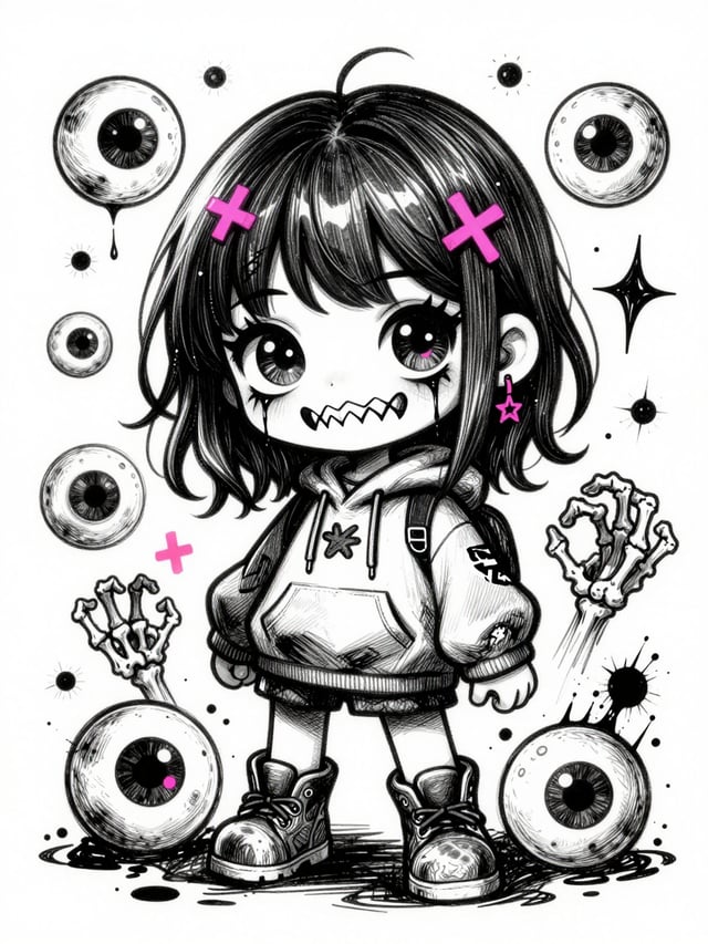 black and white ink sketch illustration, chibi horror girl with oversized head, huge glossy eyes, sh